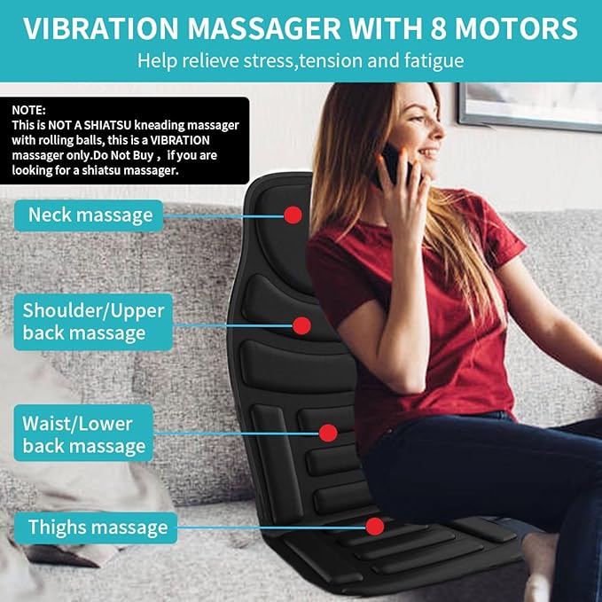 Back Massager with Heat,8 Vibration Motors Massage Chair Pad for Shoulder and Back, Deep Tissue Vibration Seat Cushion for Body Pain Relief，Home Office Chair Use, Gifts for Women,Men,Black