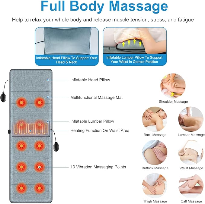 Full Body Electric Massage Mat with Heat, Vibration Back Massage Pad Cushion with Inflatable Head Pillow and Lumbar Pillow, 10 Vibration Motors 3 Timers