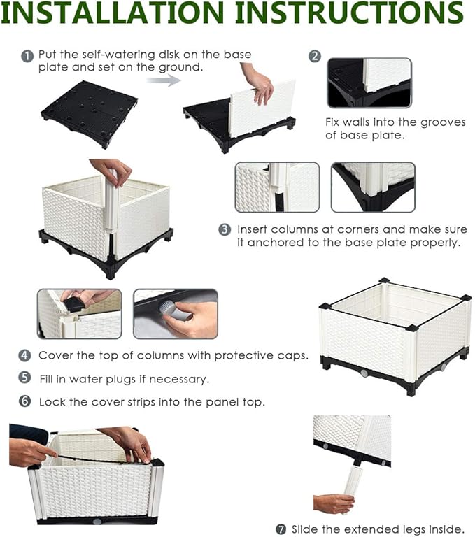 S AFSTAR Raised Garden Bed Kit Set of 4, Elevated Planter Boxes with Self-Watering Design & Removable Legs, Outdoor Plastic Planter Box for Patio Yard Balcony Gardening, Rattan Pattern (White)