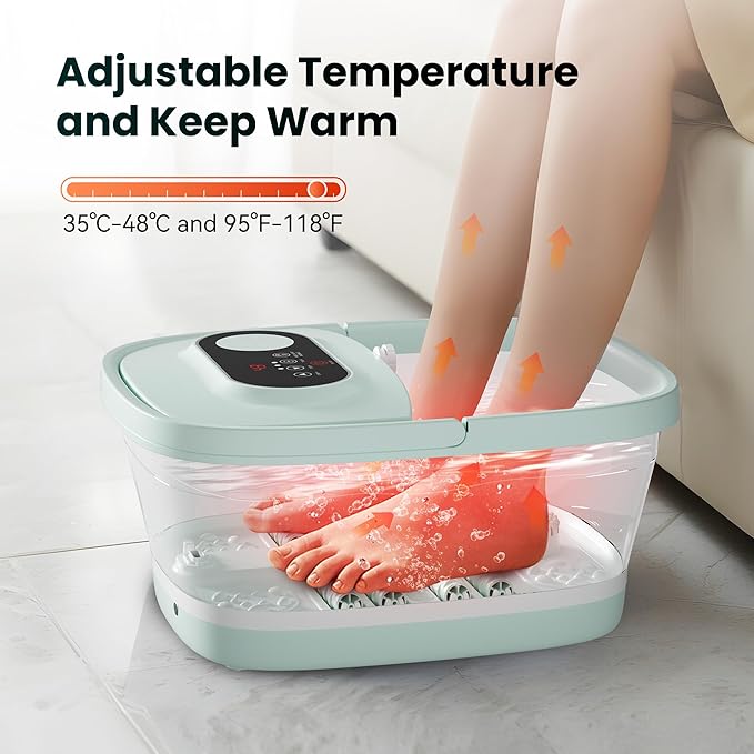 Snailax Collapsible Foot Spa with Heat, Foot Bath Massager with 8 Massage Rollers, Temperature Control, Bubbles, Pumice Stone, Foot Soaking Tub, Pedicure Foot Spa (Green)