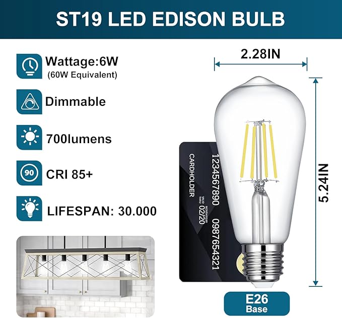 ST19 LED Bulb 6W Equivalent 60W 4000k Neutral White 120V, 12PCS High Output ST19 LED Bulb Dimmable, No Flicker ST 19 E26 Base Led Bulb, ST 19 LED Edison Light for Indoor Outdoor Lighting