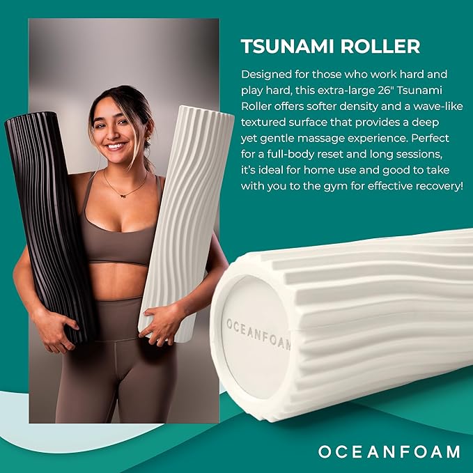 Oceanfoam Tsunami Roller (Natural) - Soft, Textured Foam Roller for Physical Therapy, Back Pain, Exercise & Stretching - Wave Textured - Yoga, Athletics, Wellness - Extra-Large 26" x 5.9"
