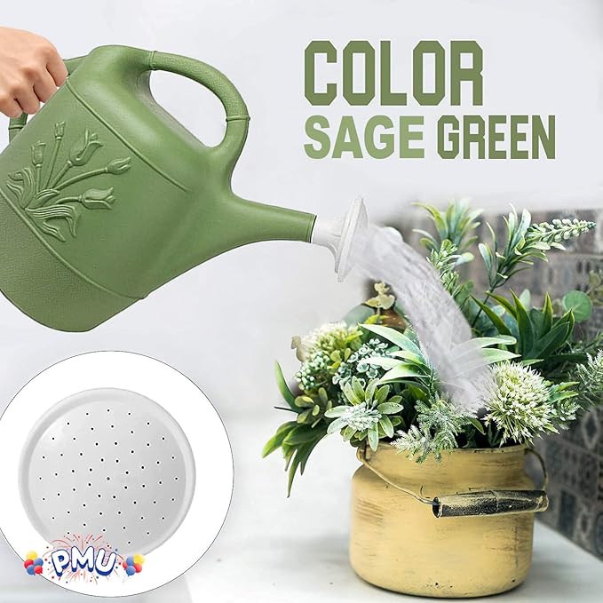 PMU 2 Gallon Watering Can - Garden Watering Can for Indoor & Outdoor Plants - Plastic Water Can with Detachable Sprinkler Head - Large Water Pot, Made in USA - Sage Green Pkg/6
