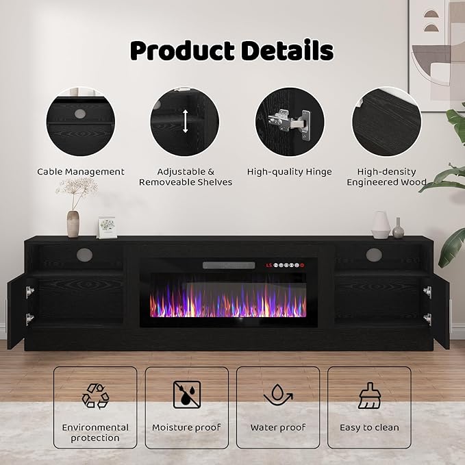 Lemberi Fireplace tv Stand with 36 inch Fireplace Up to 90" TVs, LED Light Entertainment Center and Storage, 80" Modern Wood Media TV Console with Highlight Cabinet for Living Room (Black)