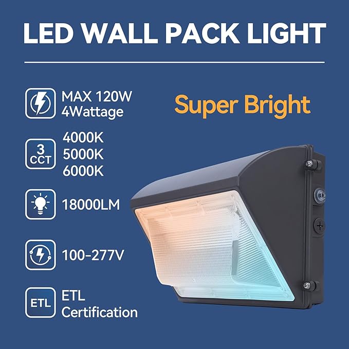 120W LED Wall Pack Light with Photocell, 4000/5000/6500K 3CCT, 60/80/100/120W Switchable, Security Lighting Dusk to Dawn Outdoor LED wall lights for Parking Lot Warehouse Barn, 100-277V, ETL Listed