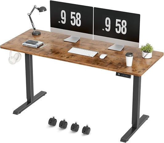 Furmax Electric Standing Desk, 59 x 24 Inches Height Adjustable Desk with Wheels, Home Office Computer Desk with Management Box (Brown)
