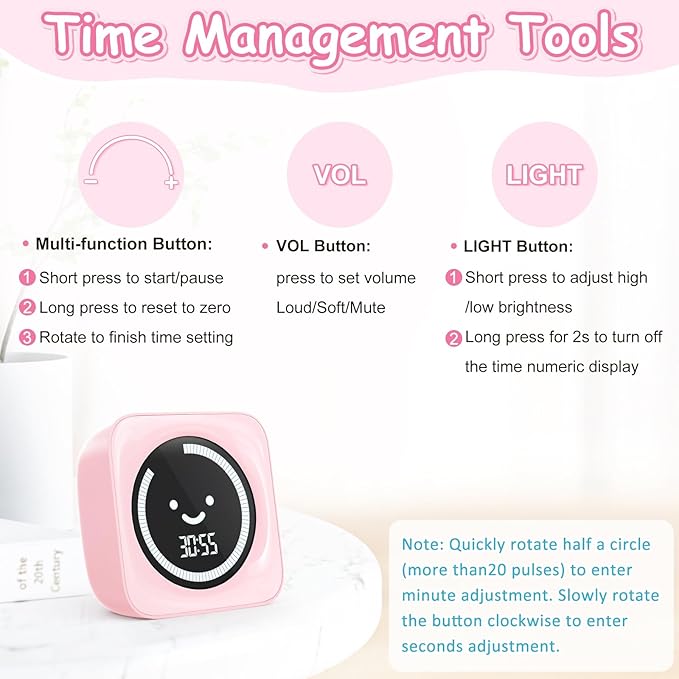 Visual Timer for Kids, 99 Minute Digital Cute Kids Visual Timer Classroom Timer for Homeschool Supplies Study Teaching Time Management Tool Countdown Count Up Timer, Pink