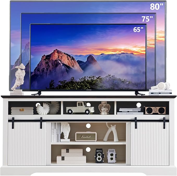 Fluted TV Stand for 80 Inch TVs, 32" Modern Entertainment Center with Waveform Panel Sliding Door, Media Console Cabinet w/Storage, Soundbar & Adjustable Shelf for Living Room, 70 inch (White)