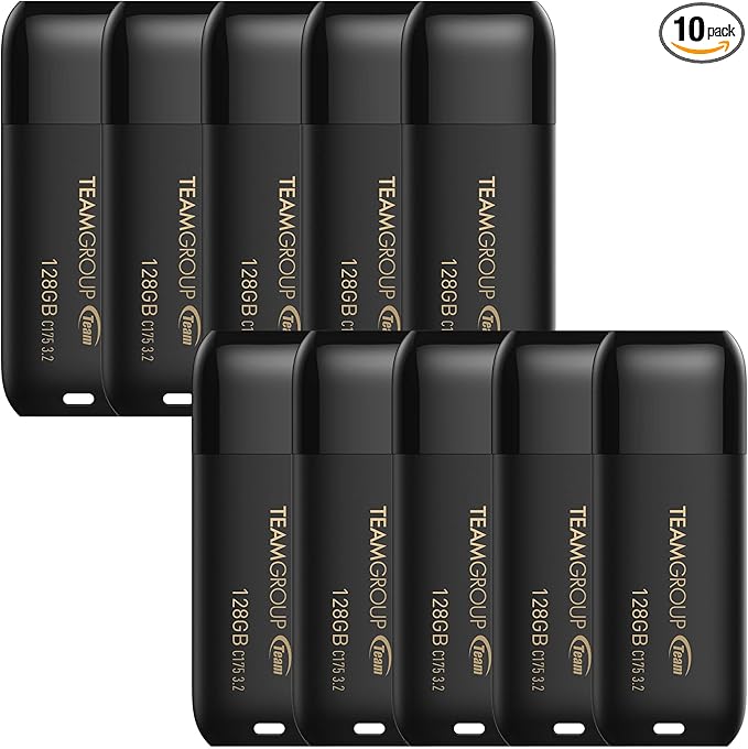 TEAMGROUP C175 128GB 10 Pack USB 3.2 Gen 1 (USB 3.1/3.0) Read 100MB/s Flash Thumb Drive, External Data Storage Memory Stick Compatible with Computer/Laptop Matte Black TC1753128GB23
