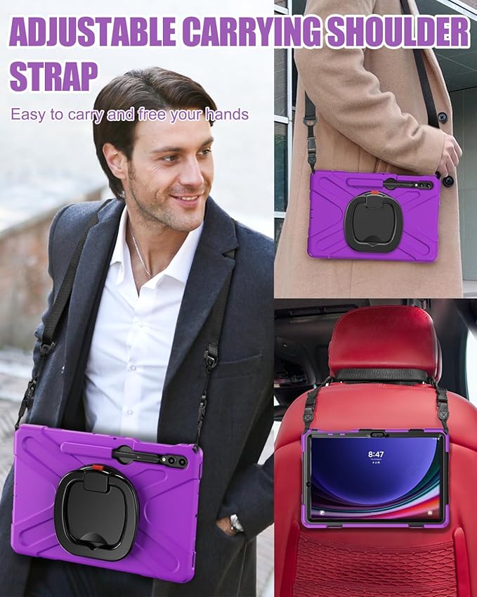 BRAECN Case for Samsung Galaxy Tab S10+/S9 FE+/S9+/S8+/S7 FE/S7+ 12.4” SM-X820/X610/X810/X800/T730/T970, Silicone Cover w/Screen Protector/Handle Grip/Kickstand/Shoulder Strap/S Pen Holder, Purple