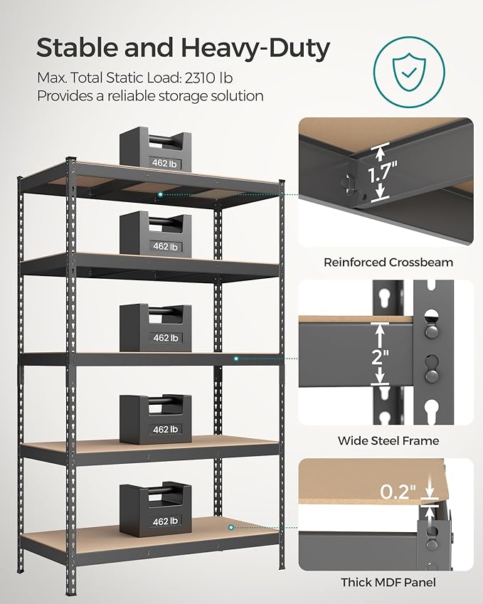 SONGMICS 5-Tier Storage Shelves, Load 2310 lb, Set of 2 Garage Storage, Boltless Assembly, Adjustable Shelving Unit, 23.6 x 47.2 x 70.9 Inches, for Study Shed Basement, Gray UGLR600G02