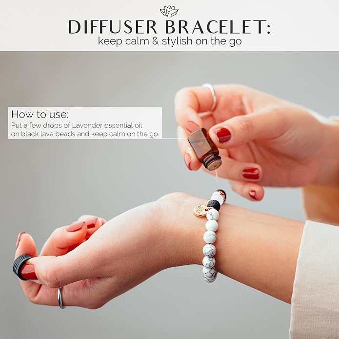 Lava Rock Beaded Diffuser Bracelet for Women with Lavender Essential Oil, 18K Gold-Plated Charm Soothing Crystal Beads Boho Stretch Bracelet for Aromatherapy, Birthday and Valentine’s Day Gift for Her