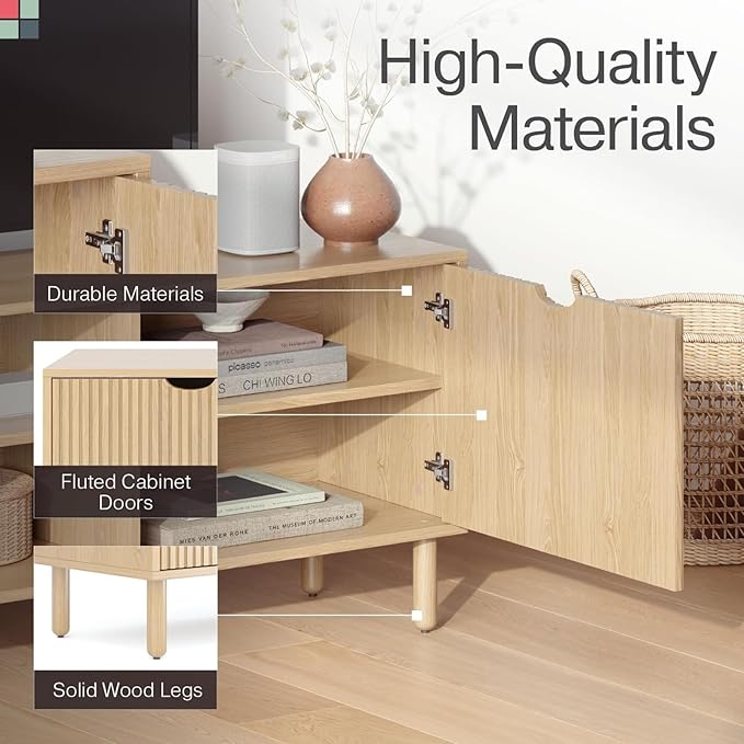 Contemporary Fluted TV Stand, 70 Inches TV Media Console, Supports 32 to 80" TVs, Media Console Cabinet for Living Room and Bedrooms, Soft-Close Cabinet Doors (Light Oak)