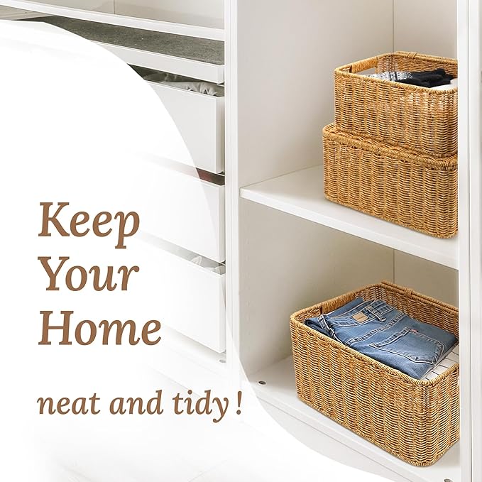 Baskets with Handles, Wicker Storage, Shelf Boxes for Organizing, Stackable Woven Bins, Decorative Lidded Resin, Set of 3, Amber