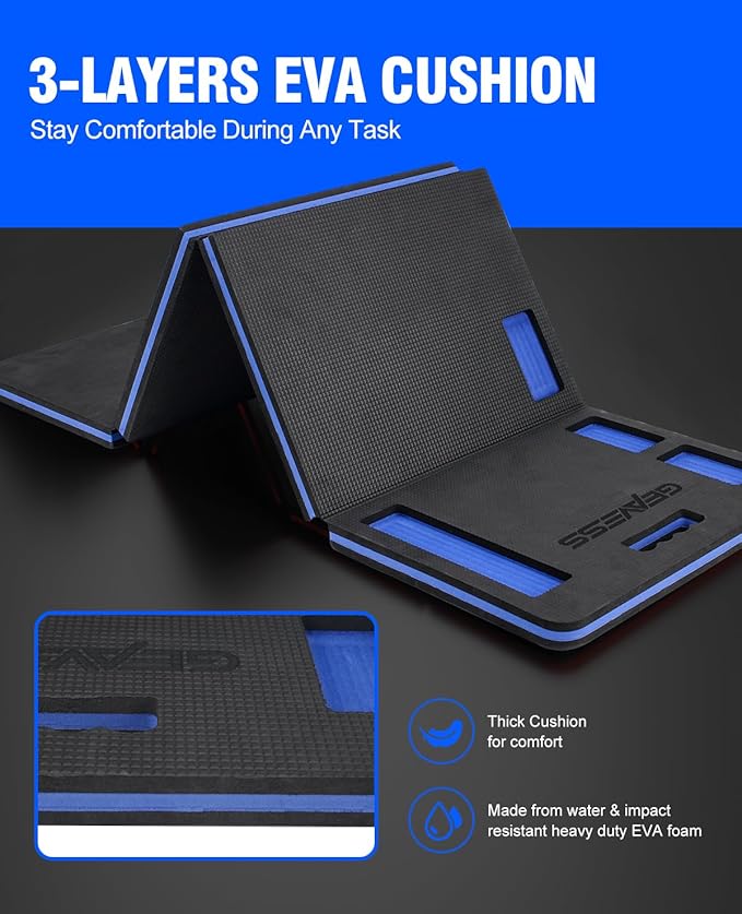 1.1" Extra Thick Foldable Garden Kneeling Pad with Handle & Belt & Tool Compartments – EVA Foam Knee Cushion Mat for Gardening, Mechanic Work, Auto Repair (47.2" x 15.7" x 1.1", Black & Blue)