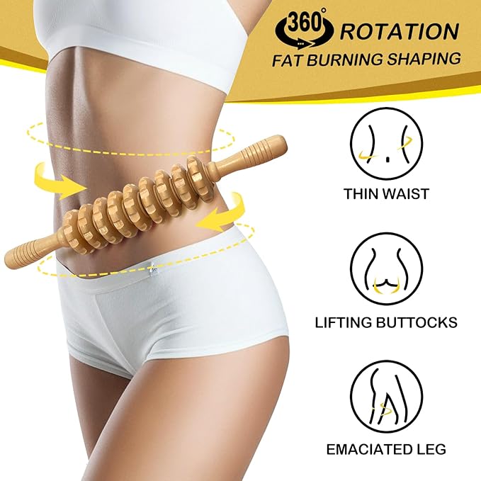 Manual Massager Wooden Handheld Roller Trigger Point Massager Stick for Fascia, Cellulite, Muscle & Abdomen, Body Therapy Massager, Muscle Belly Relief Tool, Natural Wood