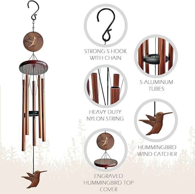 Hummingbird Wind Chimes for Outside,32 "Memorial Outdoor Wind Chime Create a Zen Atmospherer,Hummingbird Gift for Women Mother Father Christmas,Home Garden Patio Yard Decor(Copper)