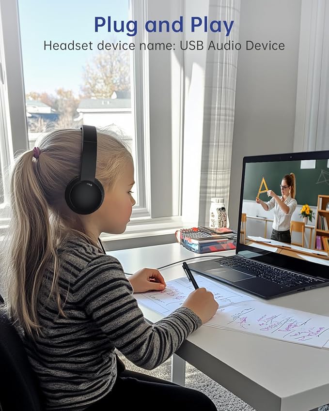 USB Headset with Microphone for PC, Wired Headphones with Mic USB Headsets with Noise Cancelling Microphone, Computer Headset with Microphone for Home Office Online Class Teams Skype（Black）