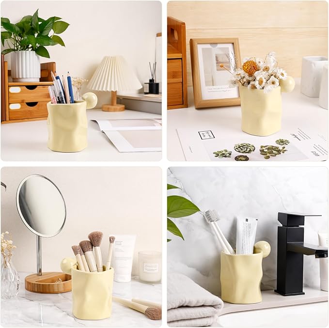 Ceramic Pen Holder for Desk, Pencil Holder Stand, Pencil Cup Pot, Irregular Shape Desktop Organizer for Office, Home, School - Yellow