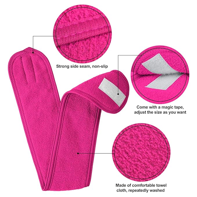 Denfany 3 Pack Makeup Headband, Ultra Soft Adjustable Spa Facial Headbands Terry Cloth Stretch Make Up Wrap for Face Washing, Bathing, Showers (Rose Red)