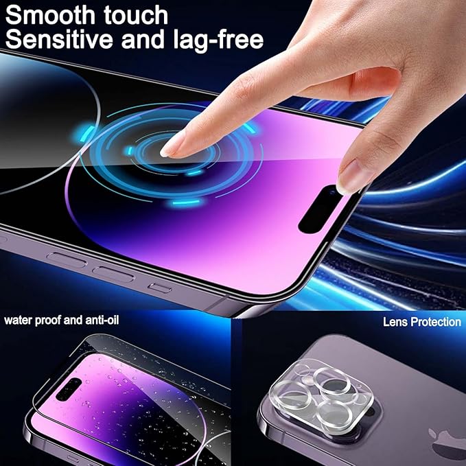 Glass Screen Protector for iPhone 14 Pro 6.1 inch[2 Pack][Easy Installation],with 2 Camera Lens Protectors,HD Clear Full Screen Tempered Glass,Case Friendly