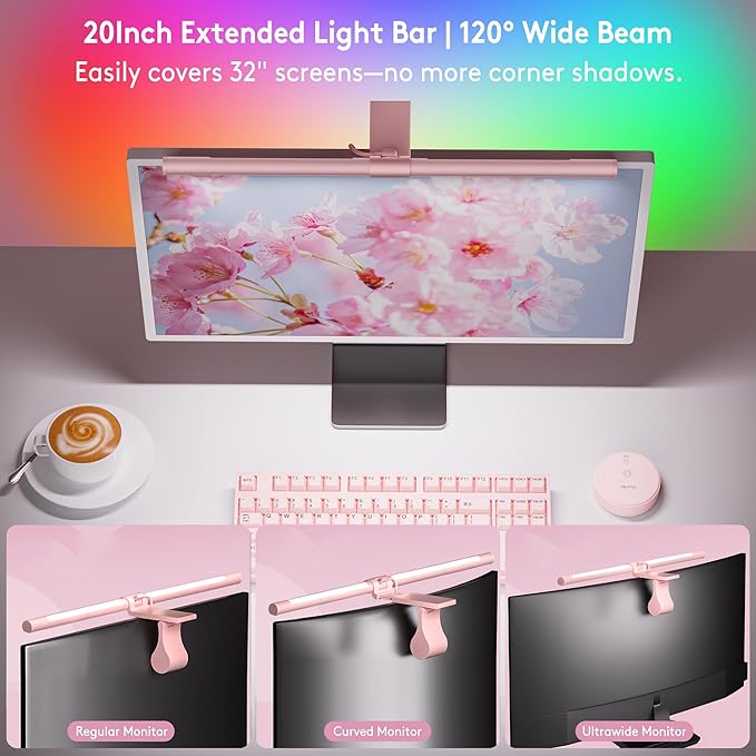 Quntis 20" Pink RGB Monitor Light Bar, 15 Gaming Backlight Modes, Eye-Care No Glare, Adjustable Frontlight Brightness & Color Temperature Remote Control, Modern Aesthetic USB Reading Monitor Lamp