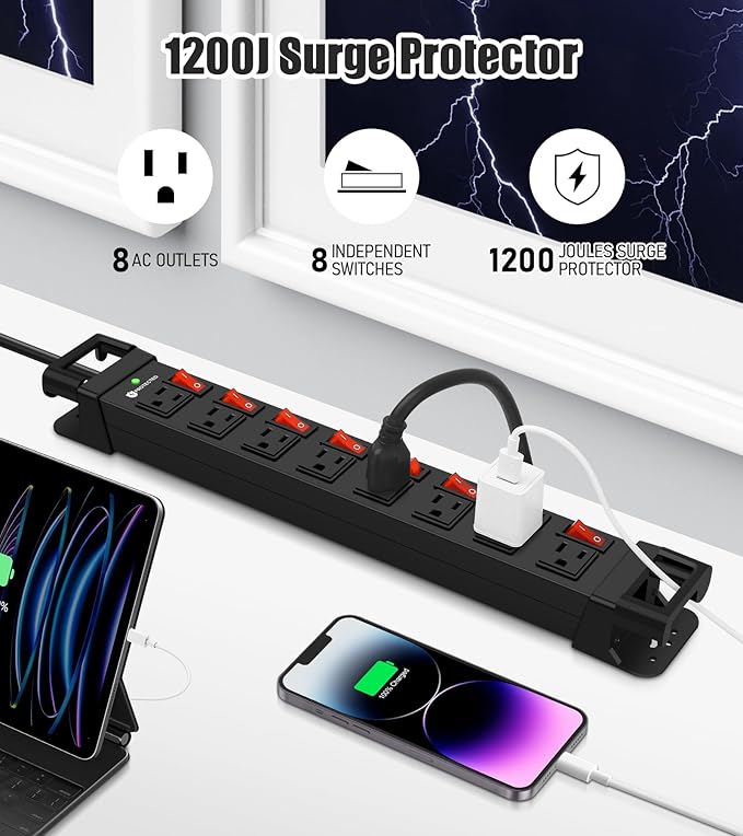Heavy Duty Power Strip with Individual Switches,8 Outlets 14 Gauge Industrial Shop Garage Metal Multiple Outlets,1200J Surge Protector Mountable Power Strip,10FT Extension Cord Management(Black)