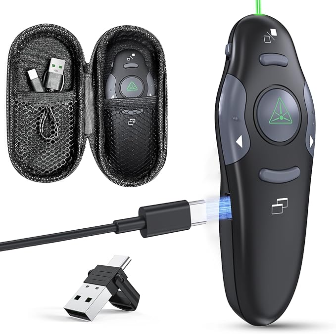 Presentation Clicker with Case Storage Wireless Presenter Remote USB Type C Rechargeable Green Laser Pointer PowerPoint Clickers for Computer Mac Project PPT Slideshow Google Slide Advancer