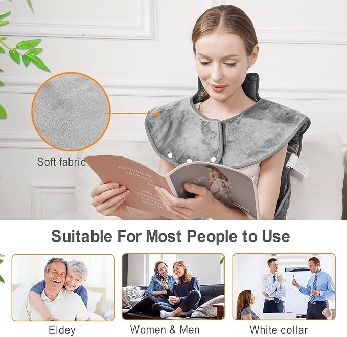 Fast Heating Electric Heating Pad for Neck and Shoulder and Back with 6 Heating Settings & 4 Timer, Large Size Heated Wrap with Auto Shut Off & Machine Washable (Silver Gray, 37x24 inch)