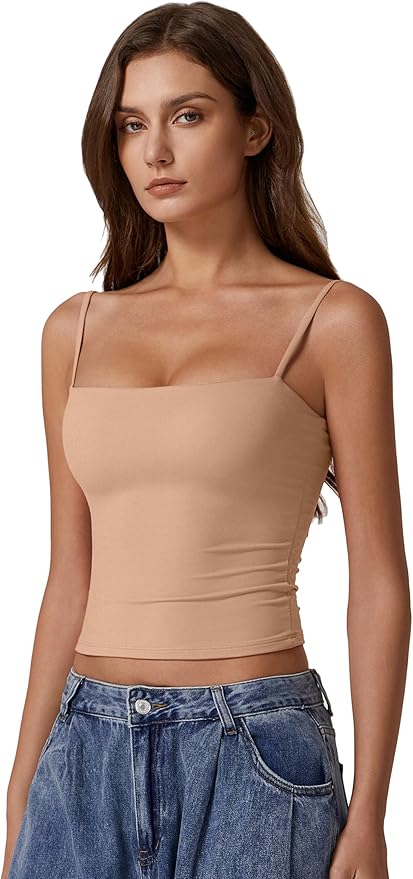 QINSEN Women's Double Lined Basic Tank Top Adjustable Spaghetti Straps Sleeveless Camisole Shirts