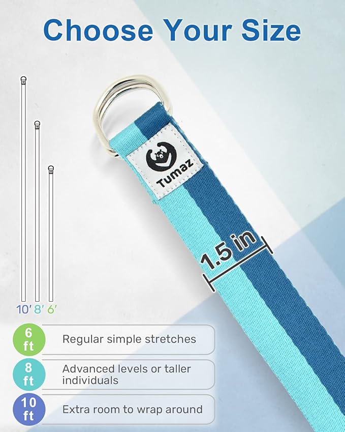 Tumaz Yoga Strap/Stretch Bands [15+ Colors, 6/8/10 Feet Options] with Extra Safe Adjustable D-Ring Buckle, Durable and Comfy Delicate Texture - Best for Daily Stretching, Physical Therapy, Fitness