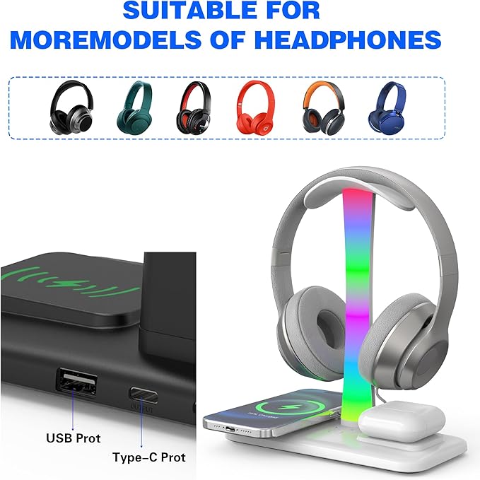 5 in 1 Headphone Stand with 15w Wireless Charger, Fast Wireless Charging Station Headset Holder for iPhone 15/14/13/12/11/XS/XR/X, Air Pods 3/2/Pro/2, Desk Gaming Headset Holder (White with Light)