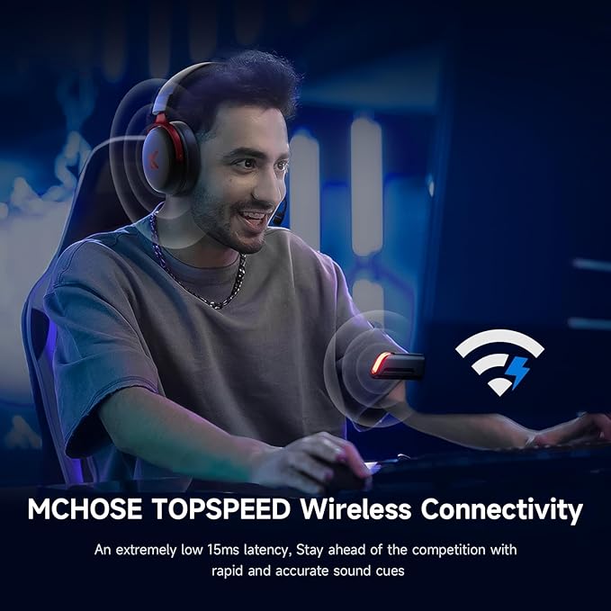MCHOSE V9 PRO Wireless Gaming Headset 7.1 Surround Sound for PS5 PS4 PC SWITCH TOPSPEED Gaming Headphones, Noise Canceling Mic, 250Hr Battery, Low 15ms Latency, Lightweight, BT 5.3 FPS Games Black&Red