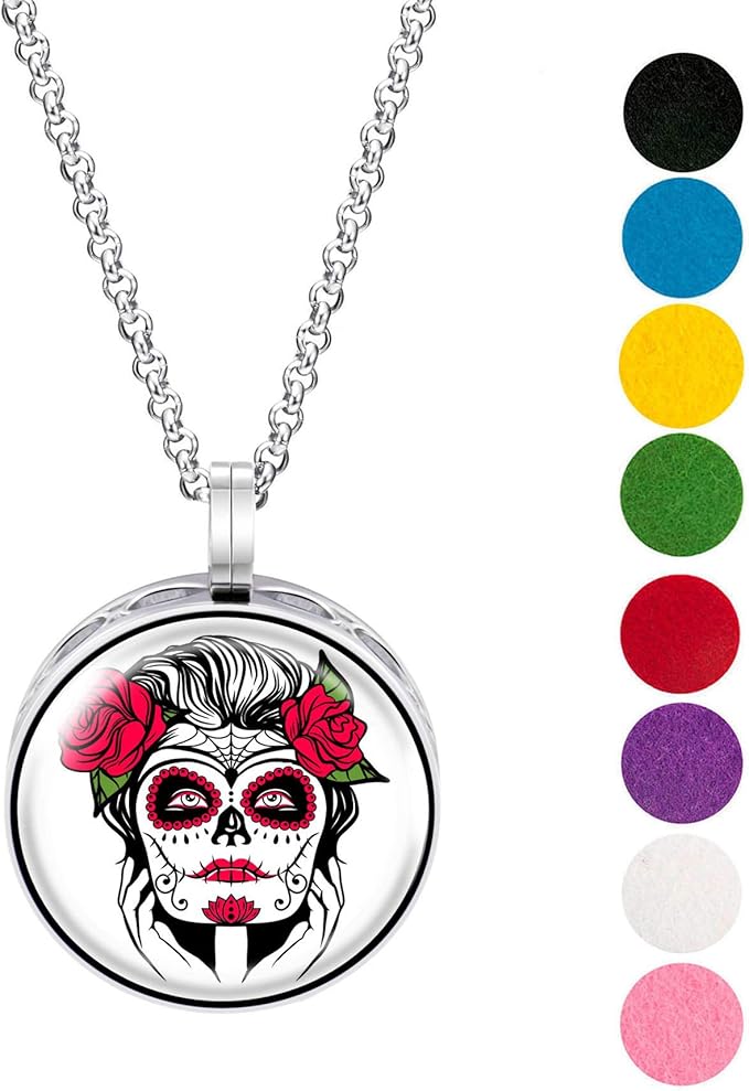 Wild Essentials Sugar Skull Tattoo Art Enamel Finish Essential Oil Diffuser Necklace Gift Set - Includes Aromatherapy Pendant, 24" Stainless Steel Chain, 8 Color Refill Pads