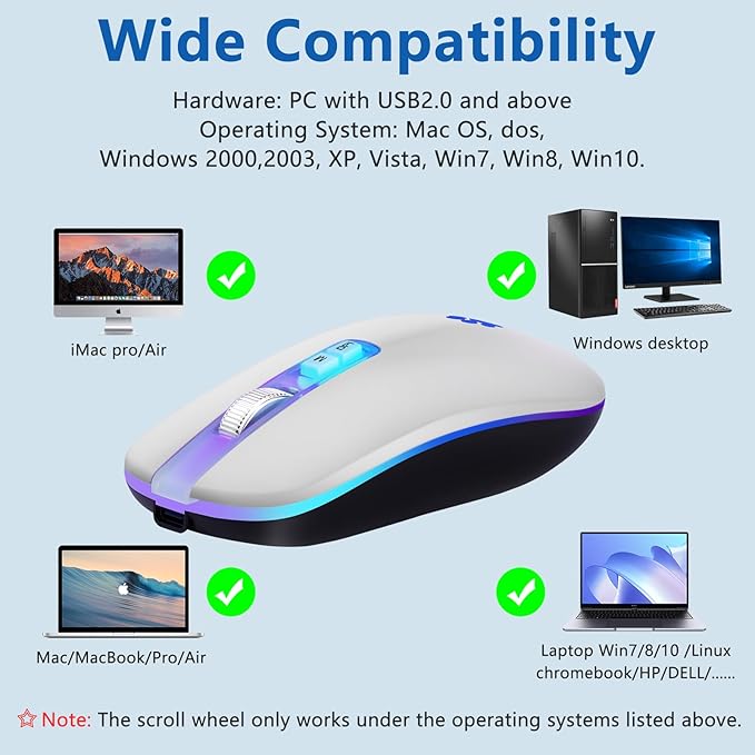 KARFUN Wireless Mouse, Backlit LED Portable Slim Laptop, PC, MacBook, iPad, Chromebook, Notebook 2.4G Rechargeable Wireless Mouse (Ivory White)