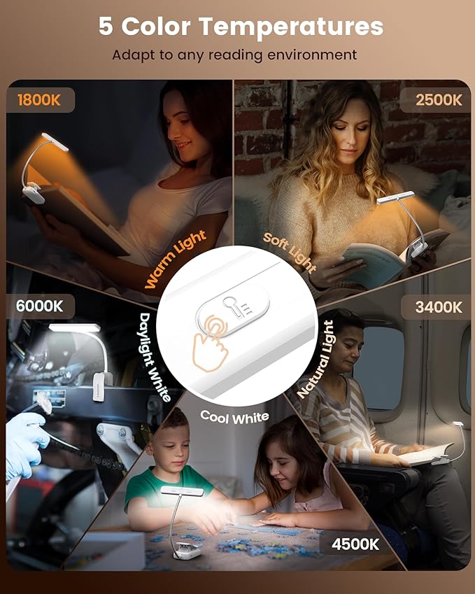 Glocusent 26 LED Rechargeable Book Light, 1200 mAh Battery for 90 Hrs, 5 Amber Colors & Stepless Dimming Book Lights for Reading at Night - Portable Clip on Reading Light for Book Lovers Kids