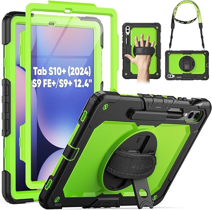 SEYMAC Case for Samsung Galaxy Tab S10+ Plus 2024/S9 FE+/S9+ 12.4" 2023, Heavy Duty Shockproof Protective Case With Screen Protector, Stand, Hand/Shoulder Strap and Pen Holder, Green