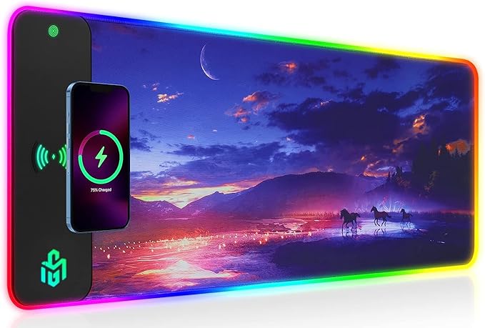 GIM Wireless Charging RGB Gaming Mouse Pad 15W, LED Mouse Mat 800x300x4MM, 10 Light Modes Extra Large Mousepad Non-Slip Rubber Base Computer Keyboard Mat for Gaming, MacBook, PC, Laptop, Desk（Sunset）