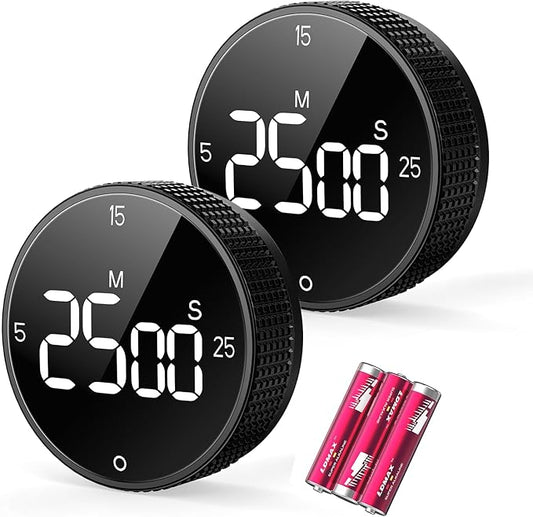 Digital Kitchen Timer, Large Display Magnetic Countdown Countup Timer, 3 Preset Times (5, 15, 25),Volume & Brightness Adjustable for Cooking Classroom Studying, Easy for Kids (Black,2Pcs)