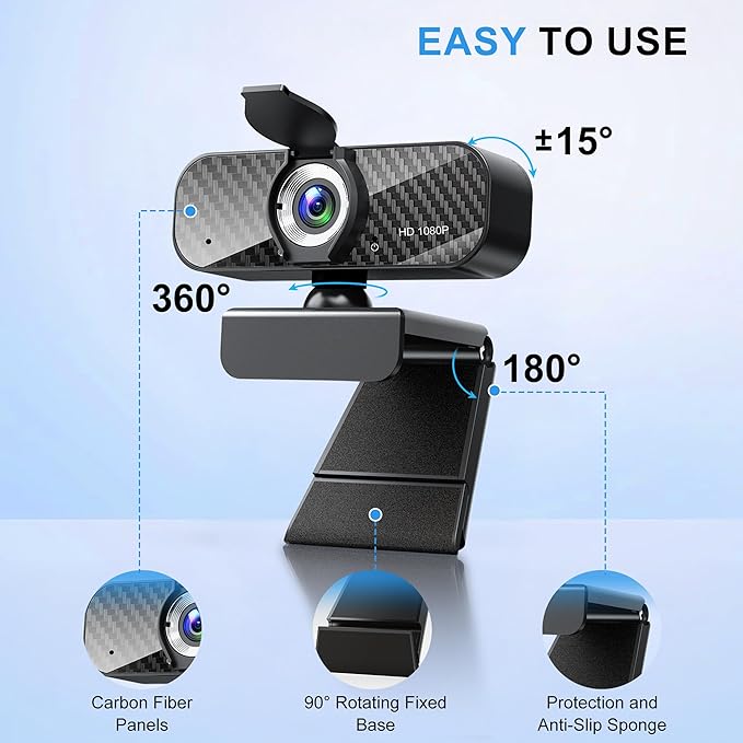 Webcam Full HD 1080P with Built-in Microphone and Rotatable Tripod, Carbon Fiber Board and Privacy Cover, Auto Light Correction, Adjustable FOV, Plug&Play for Zoom/Skype/Facetime/YouTube, Laptop/PC