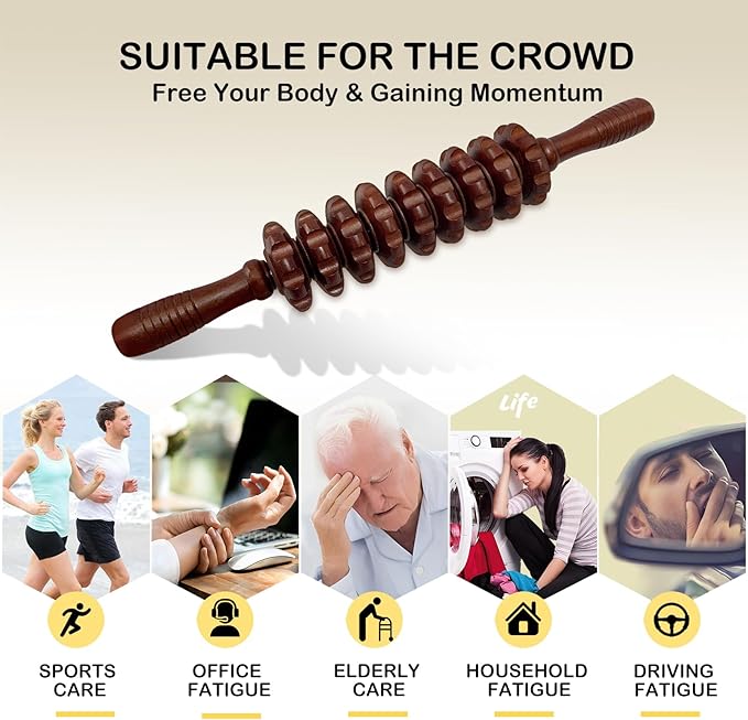 Manual Massager Wooden Handheld Roller Trigger Point Massage Stick for Fascia, Cellulite, Muscle & Abdomen, Body Therapy Massager, Muscle Belly Relief Tool, Coffee