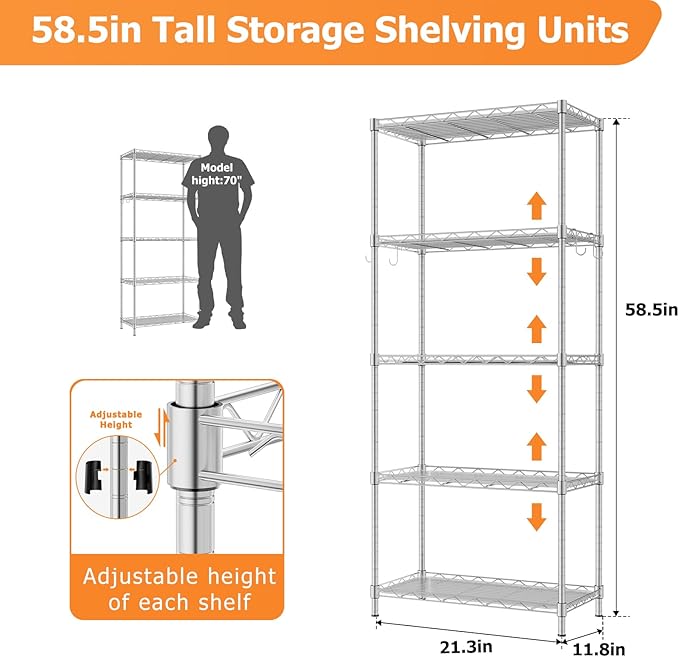 Storage Shelves,21.3" W x 11.8" D x 58.5" H Wire Shelving Unit Loads 550LBS,5-tier Adjustable Metal Utility Shelf,Garage Shelves with Liner and Hooks,Home Storage Rack for Kitchen,Laundry,Pantry