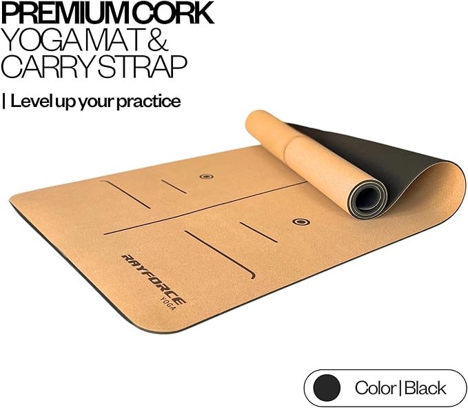 Yoga Mat - Premium Cork & Rubber - Eco-Friendly Non-Slip, Sweat Resistant Mat with Alignment Lines, 6mm Thick for Joint Support - 6mm, Durable & Planet-Friendly Design, 72x26in