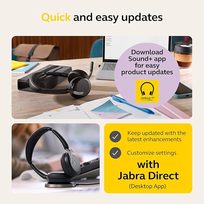Jabra Evolve2 65 Flex Stereo Headset with Bluetooth, Wireless Charging Pad - Noise-Cancelling ClearVoice Technology & Hybrid Active Noise Cancellation - Certified for Microsoft Teams - Black