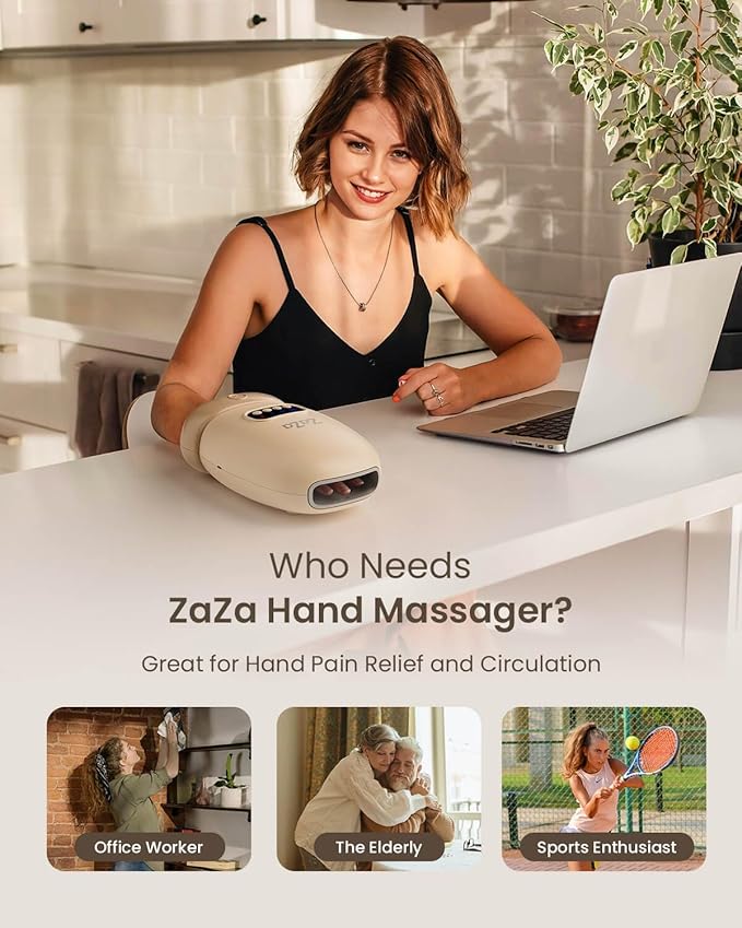 zaza Hand Massager ｗith Heat and Compression for Carpal Tunnel Finger Numbness, Cordless Hand Air Compression Massagers, Electric Hand and Wrist Massage for Palm Fingers (Beige)