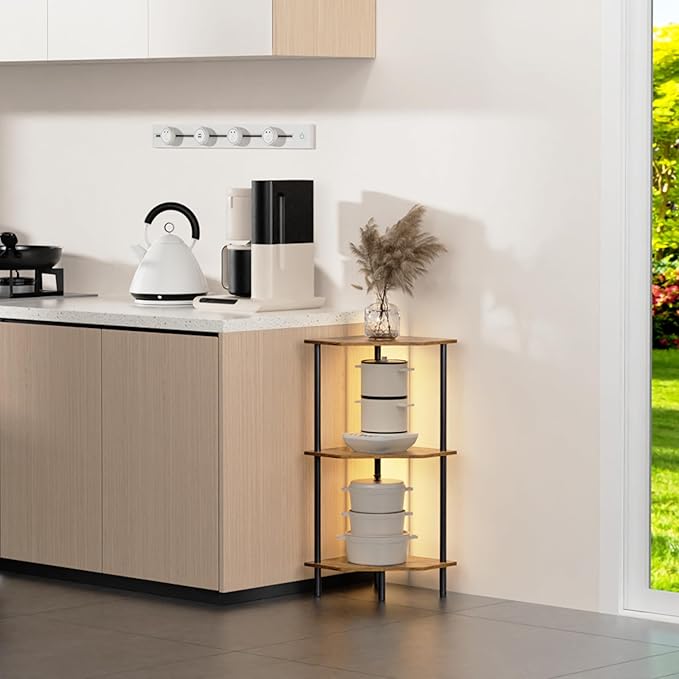 Corner Shelf Stand, Storage Standing Shelf Unit with Metal Frame, Narrow Bookshelf with LED Light Brown Plant Display Stand, Multi Unit Organizer Corner Cabinet for Bedroom, Living Room (3 Tier)