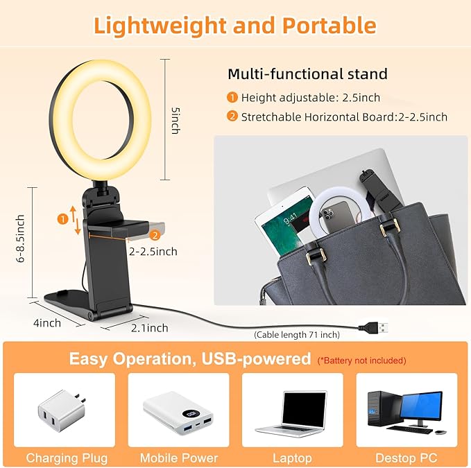 Evershop Ring Light for Laptop Desk Clip On,Small Computer Video Conference Lighting with Stand for Phone/Webcam/Monitor,5" Portable Mini LED Selfie Light Desktop for Zoom Meeting/Video Call/Recording