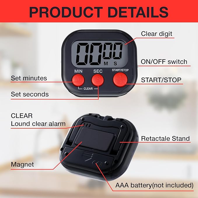 Leumoi 24 Pcs Digital Kitchen Timers Magnetic Back Timers Bulk Large Screen Loud Alarm On/Off Switch Minute Second Count up Countdown Memory Setting for Cooking Classroom Exercise(Black and Red)