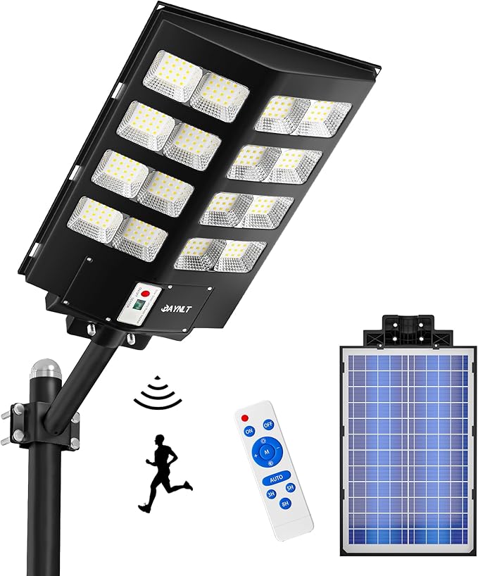 JAYNLT Y-3000W Solar Street Lights Outdoor,300000LM 6500K Commercial Parking Lot Lights Dusk to Dawn, Waterproof Solar Security Flood Lamps with Motion Sensor and Remote for Street, Garden,Farm