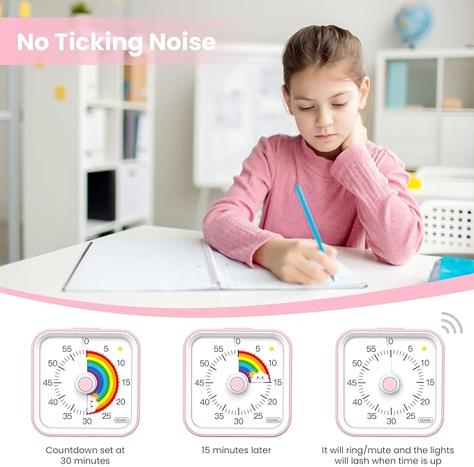 Visual Timer with Pause Function, 60 Minute Countdown, Pomodoro Timer for Kids, Productivity Timer, Time Management for Kitchen Cooking, Study, Teaching, Office Meetings (Rainbow Pink)